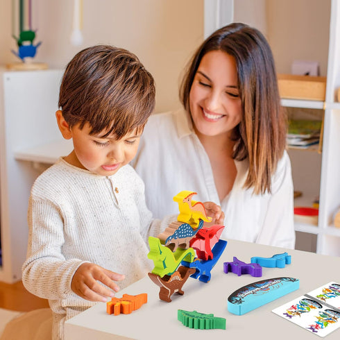 Dinosaur Toys for Kids 3-5, Wooden Stacking Montessori Toys, Balance Competition Game for Family Birthday Gifts