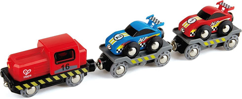 Hape Race Car Transporter | Six-Piece Wooden Toy Train Car Transport Set