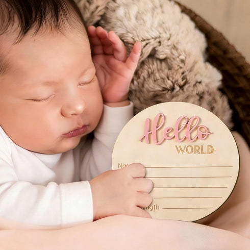 NQEUEPN 5.9in Baby Announcement Sign, Wooden Hello World Newborn Signs Birth Announcement Sign Welcome Name Plaques