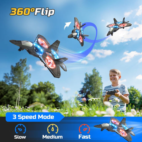 360Flip, 2 (16 Foam RC Airplane Drone for Kids, Remote Control Helicopter, Toy Plane Fighter Jet with LED Light, Auto