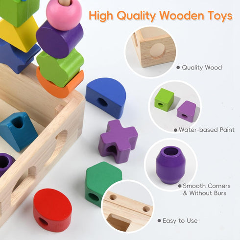 Montessori Educational Wooden Toys for Toddlers 3-5, Lacing Beads & Stacking Blocks, Shape Sorting Present with Storage