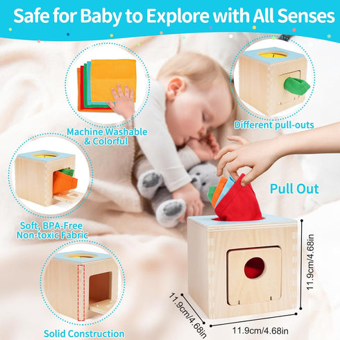 FCSONU Kids Toddler Montessori Toys, Wooden Baby Tissue Box Toy for Educational Learning with Cloth Tissues