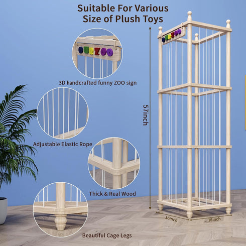 57" 3D Stuffed Animal Storage, Tall Wooden Toy Organizer with Sign, Upgraded Thicker Solid Pine Plushie Holder, Large