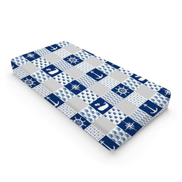 Navy Nautical Life Changing Pad Cover, Marine Ocean Lighthouse Compass Whale, 32''x16'' Soft Stretchy Fitted