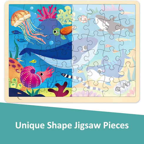 48 Piece Wooden Jigsaw Puzzles for Kids Ages 3-5 with Unique Pieces and Storage Tray