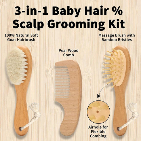 Set, Set+ Goat Baby Hair Brush Wooden Comb Massage Scalp Comb, Safe Natural Hair Care Kit, Soft Silicone Bath Brush