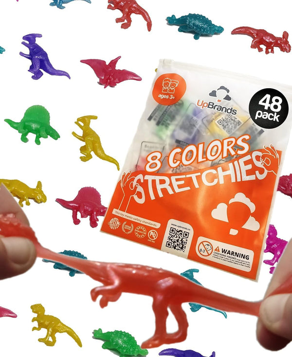 UpBrands 48 Stretchy Dinosaurs Toys, 2 1/2 Inches Bulk Set, 8 Glitter Colors for Birthday Party Favors, Goodie Bags