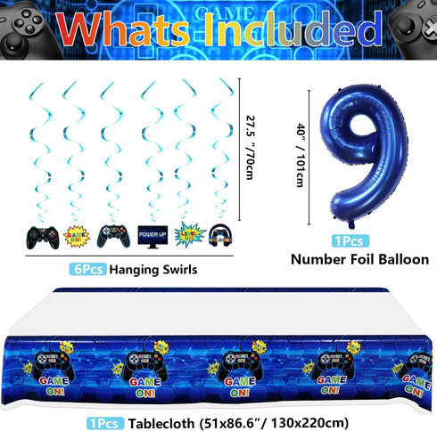 Video Game Party Decorations - 9th Birthday Decorations for Boys, HAPPY BIRTHDAY Banner, Video Game Balloons, Number 9 Blue Balloons, Gaming Hanging Swirls, Game On Birthday Party Supplies
