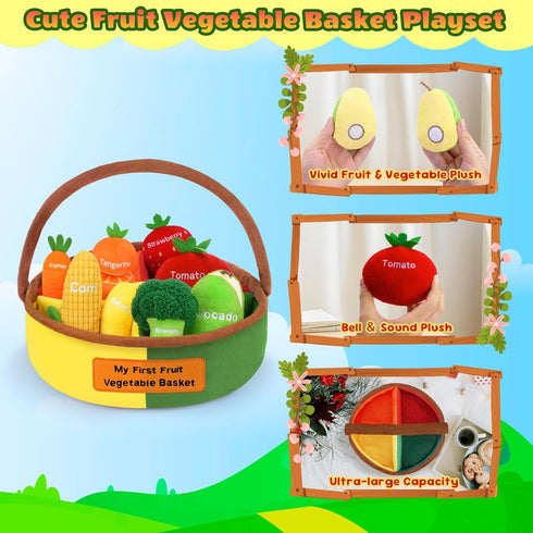 GERBIT Set 8 My First Fruit Vegetable Basket Plush, Baby Felt Play Food with Pcs Fruit Vegetable Plushies for Toddlers