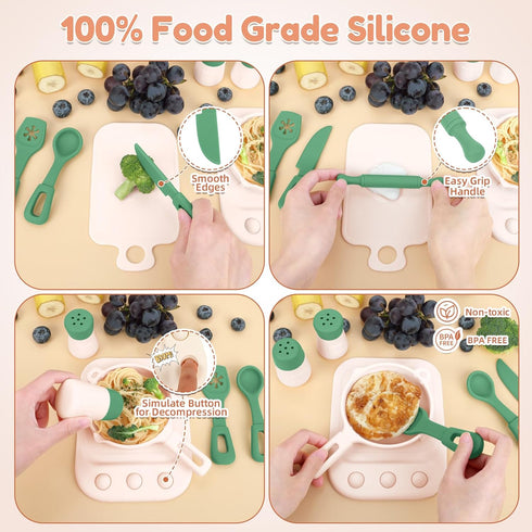 11Pcs Sets,Cooking Set 1-3,Green TYRY.HU BPA Free Kids Play Kitchen Accessories Toy, Silicone Pretend Play Food Toys
