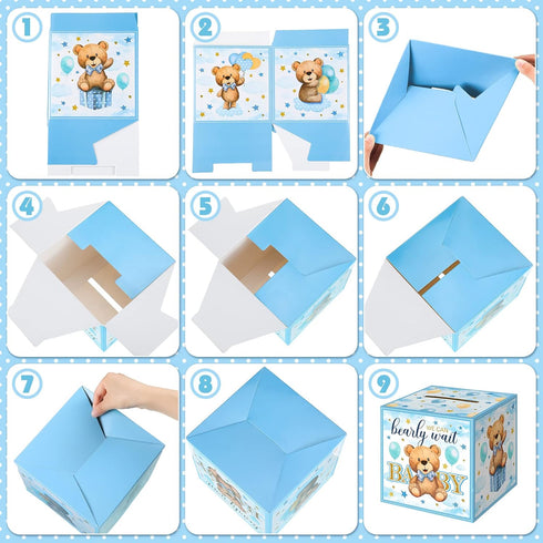51 Spakon Pieces Bear Diaper Raffle Tickets with Box Blue for Baby Shower Supplies Game Decoration Gender Reveal Party