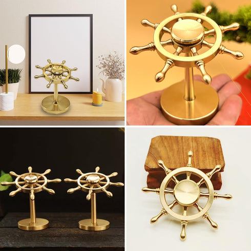 Brass Spinner Ship Wheel, Kinetic Desk Toy Spin with Stand, High Speed Bearing Metal Hand Spinners Anxiety Finger
