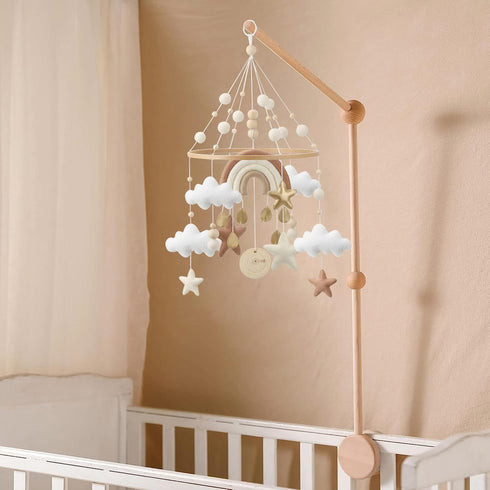 Boho Rainbow Crib Mobile - Gender Neutral with Gold Stars & Clouds