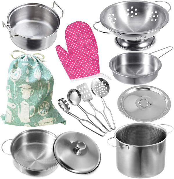 Cookware Pots and Pans Play Set, Mini Stainless-Steel Kitchen Cooking Utensils Toys for Kids, Educational Toy Kitchen