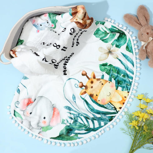 Peryiter Baby Monthly Milestone Blanket, 43.3" x 43.3", Safari Jungle Animals Leaf, Newborn Play Mat with Growth Chart