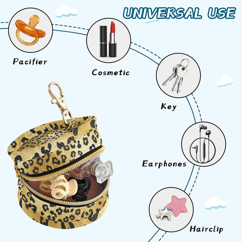 PYBUG Leopard Print Round Pacifier Storage Case, Polyester & TPU Lined with Hook Buckle, Pacifier Container Box