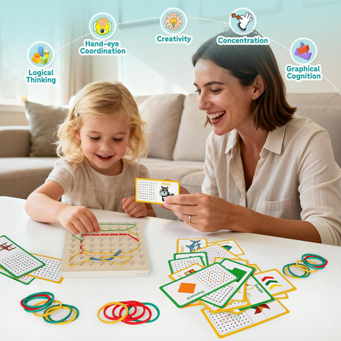 3+ Skrtuan Wooden Geoboard for Kids - Montessori STEM Educational Toy with Pattern Cards & Rubber Bands,Early Fine