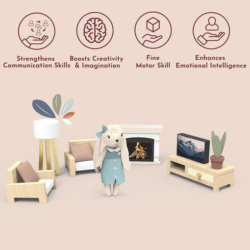 Cozy Playset SPEEDY MONKEY Dollhouse Living Room with Bunny Miniature FSC Wooden Furniture Sofa, TV Pretend Play Fully