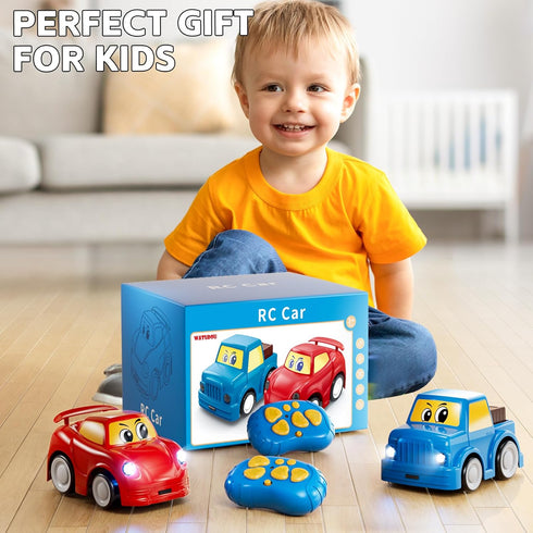 WATUDOU 1-3 2-4 3-5, 2 Pack 2.4 2 3 4 5 6 Remote Control Car for Toddlers Cartoon GHz RC Cars for Kids, Electric Hobby