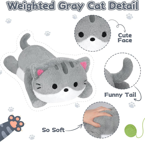 18in Weighted Stuffed Animals Cat Plush - Kawaii Gray Cat Plush Toy, Soft Throw Pillow for Kids
