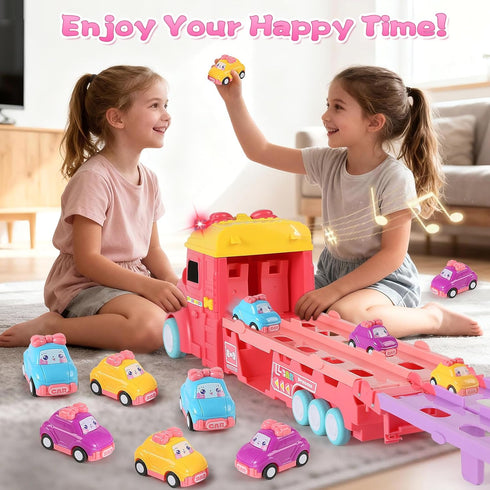 aruemp 12 1 2-Player 3 in Princess Carrier Truck with Girls Car Toys, Race Mode Friction Power Toy Cars with Light