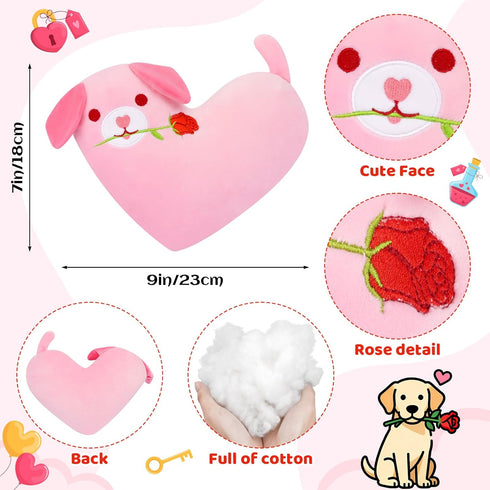 8inch Valentine's Day Gifts for Girls Her Wife, Pink Love Heart Dog Plush Valentines Stuffed Animal with Rose Cute