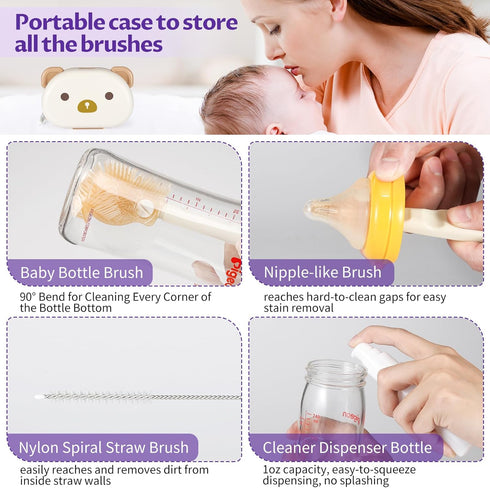 Set VOOWO Travel Baby Bottle Cleaning Kit - Complete Brush with Silicone Nipple & Straw Cleaner