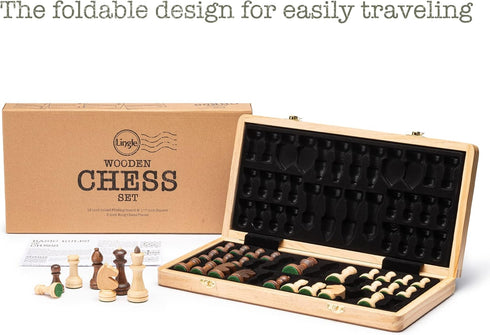 Lingle 15 Inch Travel Wooden Folding Chess Set with 3 Inch Kh Chess Pieces - Walnut & Maple Inlay Board