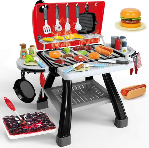 Kids BBQ Grill Kitchen Playset - 2-Layer Barbecue Outdoor Play Grill Toy with Smoke, Sound & Light for Toddler Boys