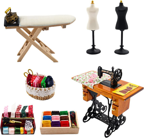 1:12 Scale Miniature Sewing House Scene Model Accessories, Vintage Sewing Machine, Sewing Box, Ironing Board