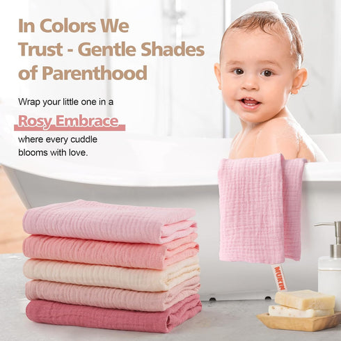 5 Pack, 12x12 Inches MUKIN Baby Washcloths,Muslin Burp Cloths Towels for Newborns,Absorbent Cotton Bath Face Towel