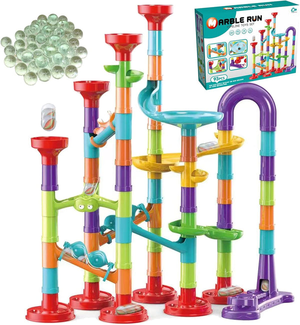 93 PCS Marble Run Premium Set - STEM Educational Building Block Toy with 30 Glass Marbles for Kids - Marble Maze Game