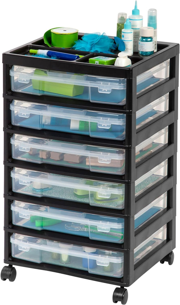 IRIS USA 6-Tier Scrapbook Rolling Storage Cart - Fits 12" x 12" Paper with Organizer Top, Black Frame