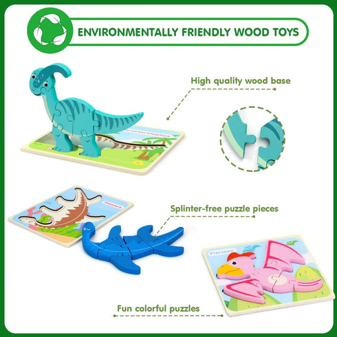 TOY Life Wooden Puzzles for Toddlers Ages 2-4, 7 Piece Dinosaur Puzzle, Educational Toys for Ages 1-3