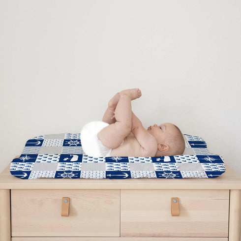 Navy Nautical Life Changing Pad Cover, Marine Ocean Lighthouse Compass Whale, 32''x16'' Soft Stretchy Fitted