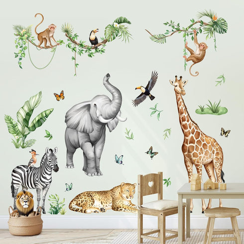 Jungle Safari Animal Wall Decals for Kids Room - Wildlife Wall Stickers Giraffe Elephant Leopard Zebra Monkey Removable