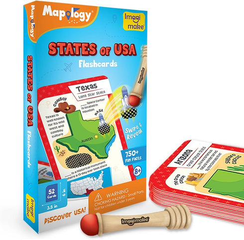 Imagimake Mapology USA Flash Cards | Learn United States Flags and State Shapes | Ages 8-12 | Educational Toy