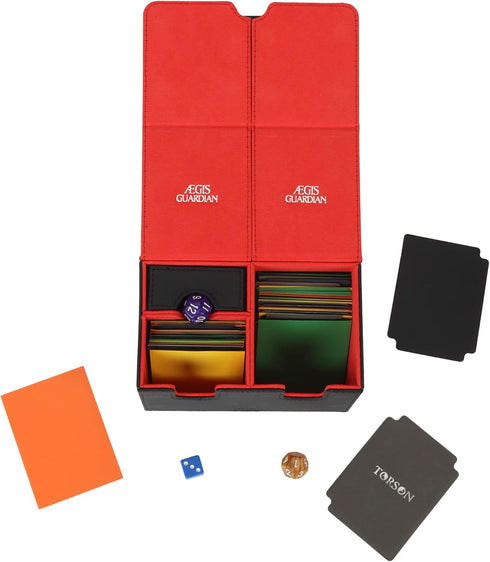 AEGIS GUARDIAN Card Deck Box with Dice Tray, Holds 150+ Sleeved Cards, Red Inner PU Leather