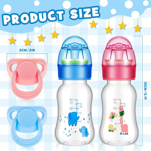 Jexine 4 Pieces Reborn Baby Doll Accessories, includes 2 Magnetic Pacifier and 2 Baby Doll Bottles Baby Doll Pacifier Feeding Bottle for Reborn Dolls, Random Pattern, Pink and Blue (Cute)