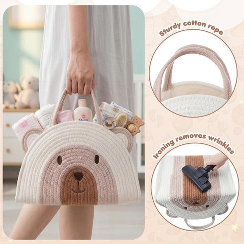 CimoroWin 14.6 10.6 8.7 Inch Large Baby Diaper Caddy Organizer Cute Bear Cotton Rope Empty Gift Basket for Baby Shower