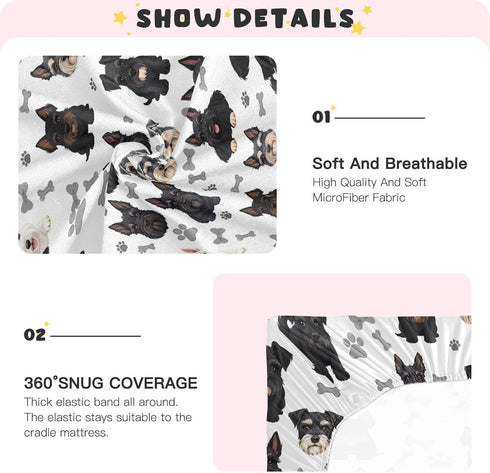Pigsaly 27x39 Inch Crib Sheets Black White Puppy Schnauzer Dogs Baby Sheet for Standard Crib Mattress Boys Girls