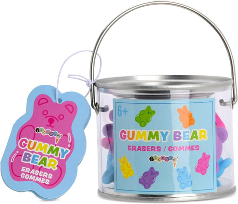 iscream Yummy Gummys 9-Piece 3D Gummi Bear Eraser Set - Mini Tin in Pink, Purple & Blue