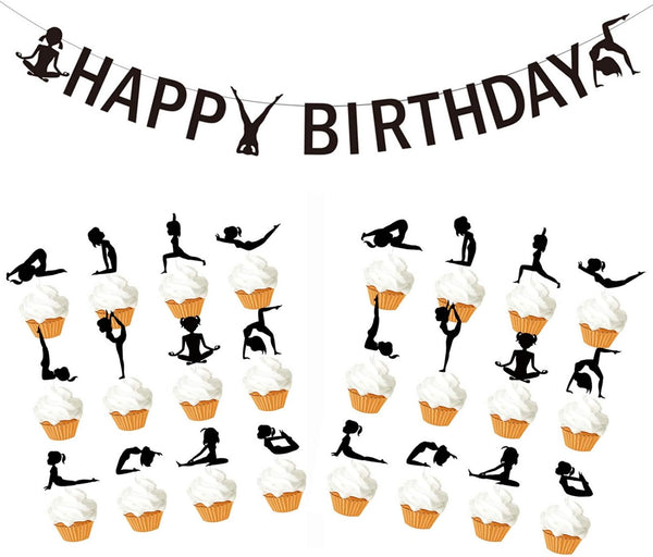 Yoga Birthday Decoration Kit with Banner & Muffin Cupcake Toppers, Yoga Girls Silhouettes for Kids Birthday Baby Shower