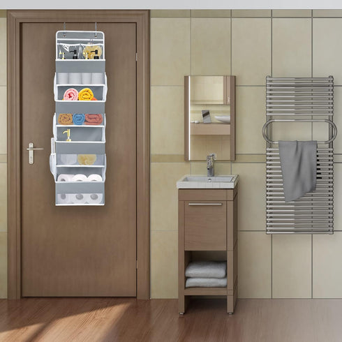 Univivi Over the Door Organizer, 5 Shelf Door Hanging Organizer Nursery Door Storage with 4 Large Compartments and 2 Small PVC Pockets 6 Side Pockets for Bathroom,Cosmetics and Nursery Baby Essential by Univivi