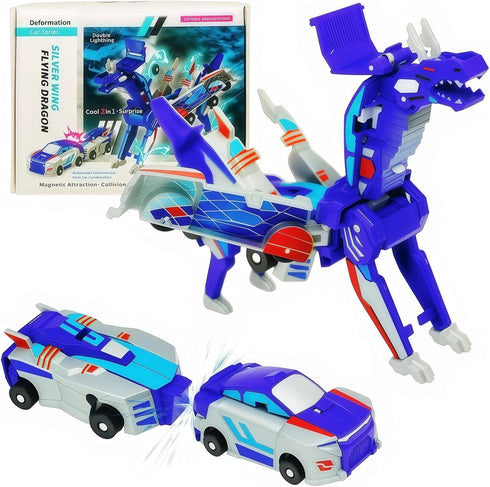WIESSOC Collision Transforming Dinosaur Car Toy,2 Magnetic Cars Transform Into Dinosaur Toys,Transformation Car