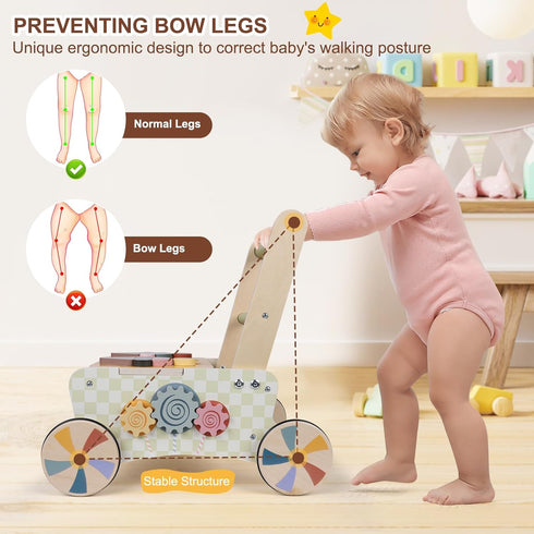 Wooden Baby Walker with Wheels, Montessori Kitchen Walking Toys, Pretend Play Grocery Toys, Sorting and Stacking Toys