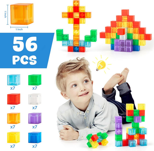 TENYEAH 56 3+ PCS Magnetic Blocks, Transparent Magnet Building Blocks for Toddlers, Preschool Educational Construction
