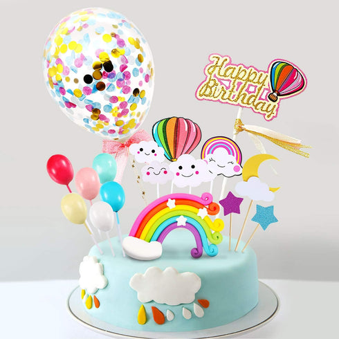 MOVINPE Happy Birthday Cake Topper, Rainbow Cloud Decoration with Confetti Balloons for Kids