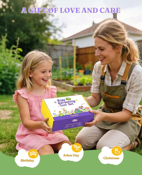 Floraxa 8Pcs Set 3 Kids Gardening with Metal Basket & Real Metal Tools, STEM Outdoor Kit, Ergonomic Wooden Handles