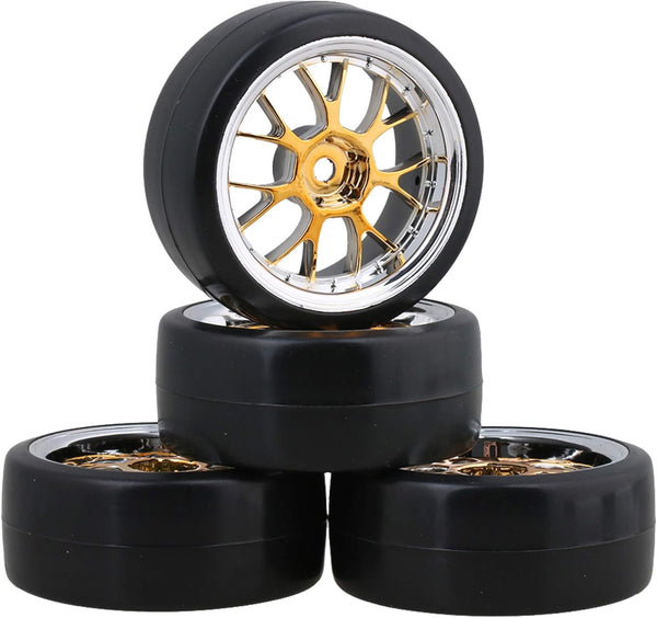 4PCS Plastic RC 1:10 On-Road Racing Car Drift Smooth Tire & Y-Shaped Plated Yellow Wheels